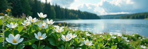 Delicate white flowers amidst lush green foliage in Finnish arctic landscape, snowflakes, frozen lakes, cold climate photo