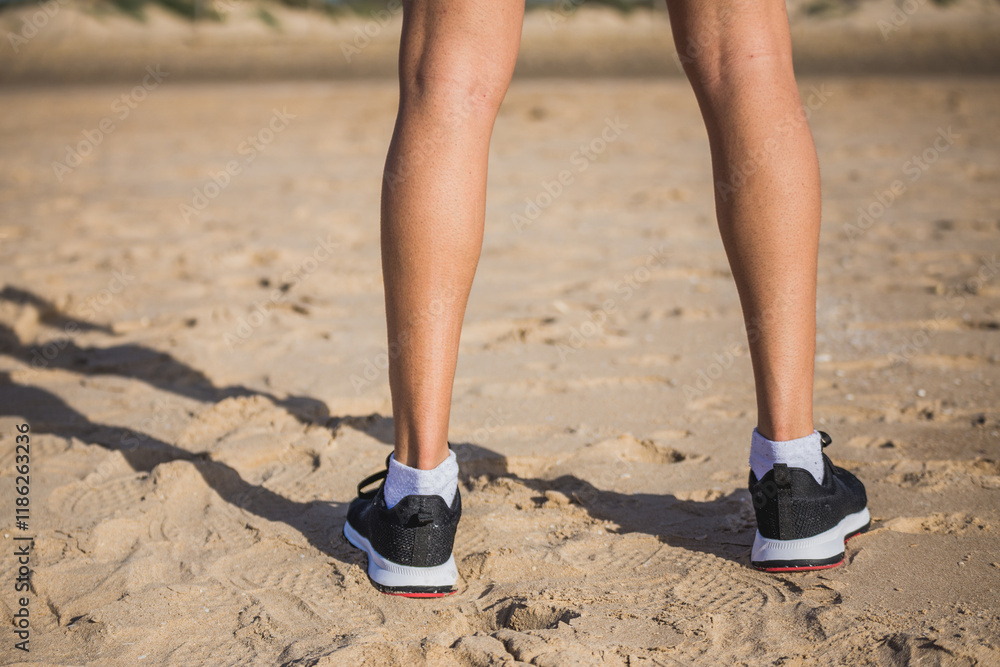 Muscular man running on the beach along the shoreline Muscular man running on the beach along the shoreline