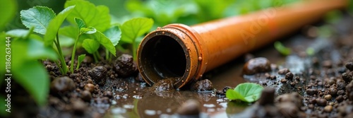 Wet PVC rain pipe on ground with mud and weeds growing around it, weeds, fresh photo