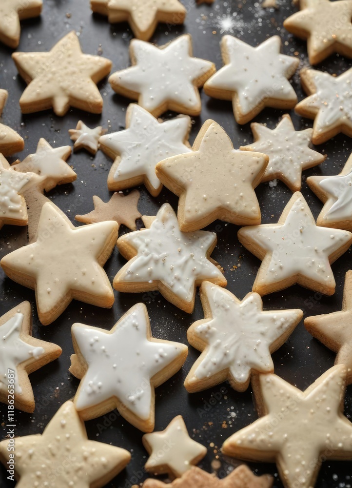 A batch of sugar cookies cut into festive shapes like stars and trees, holiday dessert, decorated cookies A batch of sugar cookies cut into festive shapes like stars and trees, holiday dessert, decorated cookies
