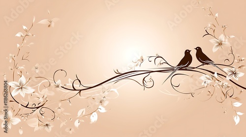 Two birds perched on a flowering branch amidst floral designs