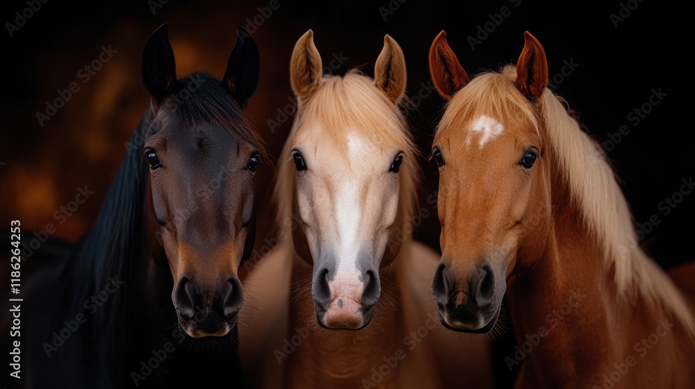 Fototapeta premium National Horse Protection Day Three beautiful horses with diverse coat colors and striking features