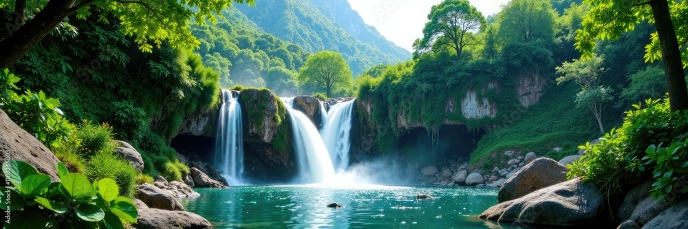 Fototapeta premium Waterfall in the mountains amidst lush greenery and tall trees, green, plants, waterfall