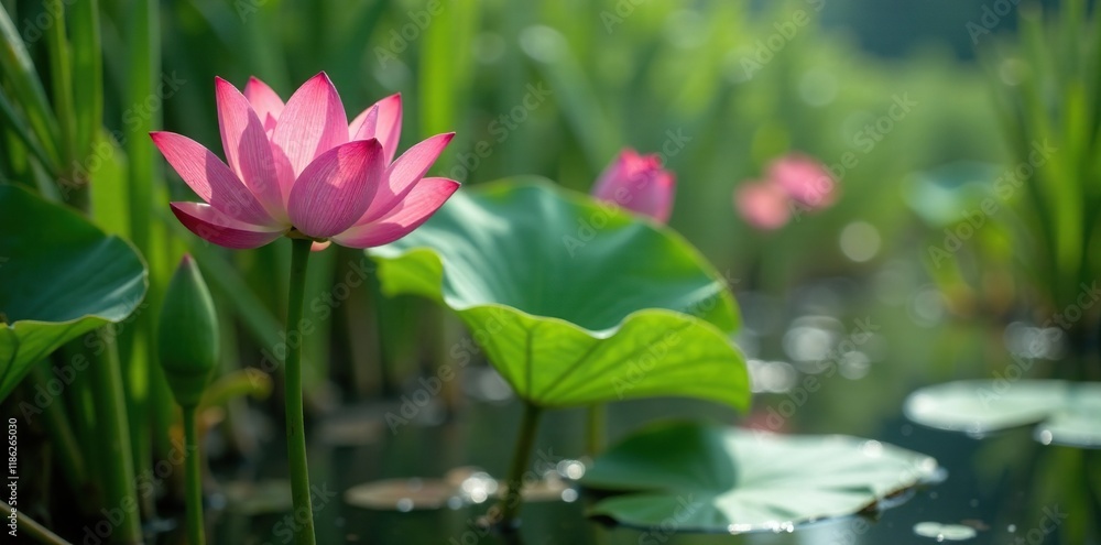 The lotus flower grows among reeds and rushes, wetland, natural world, flowers The lotus flower grows among reeds and rushes, wetland, natural world, flowers
