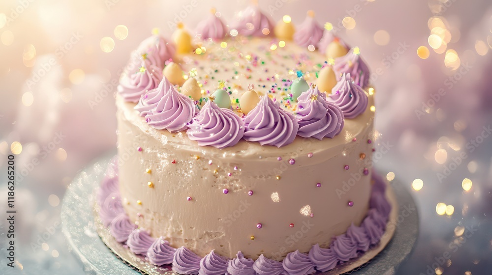 A whimsical birthday cake with pastel icing and tiny edible decorations surrounded by sparkles