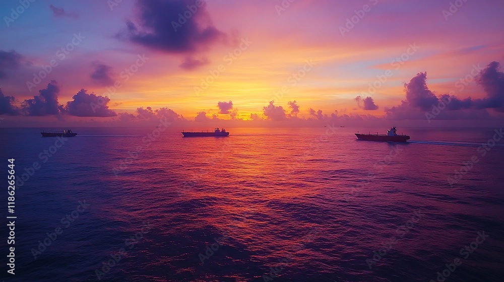 Cargo ships at sunset, ocean, transport, shipping, peaceful Cargo ships at sunset, ocean, transport, shipping, peaceful