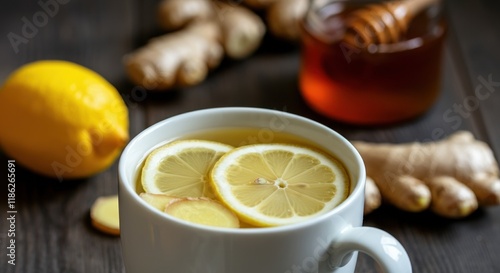 Fresh lemon ginger tea with honey, perfect for soothing and refreshing photo