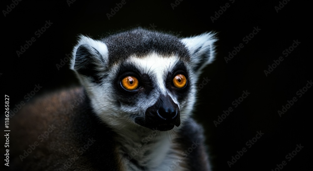 Close-up of a lemur with striking orange eyes against a dark background Close-up of a lemur with striking orange eyes against a dark background