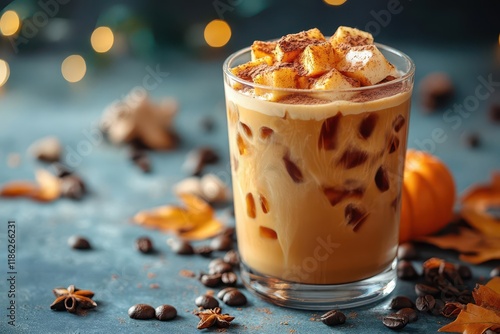 Wallpaper Mural artisanal pumpkin spice cold brew coffee in contemporary glass with autumn leaves and seasonal decorations in professional studio lighting Torontodigital.ca