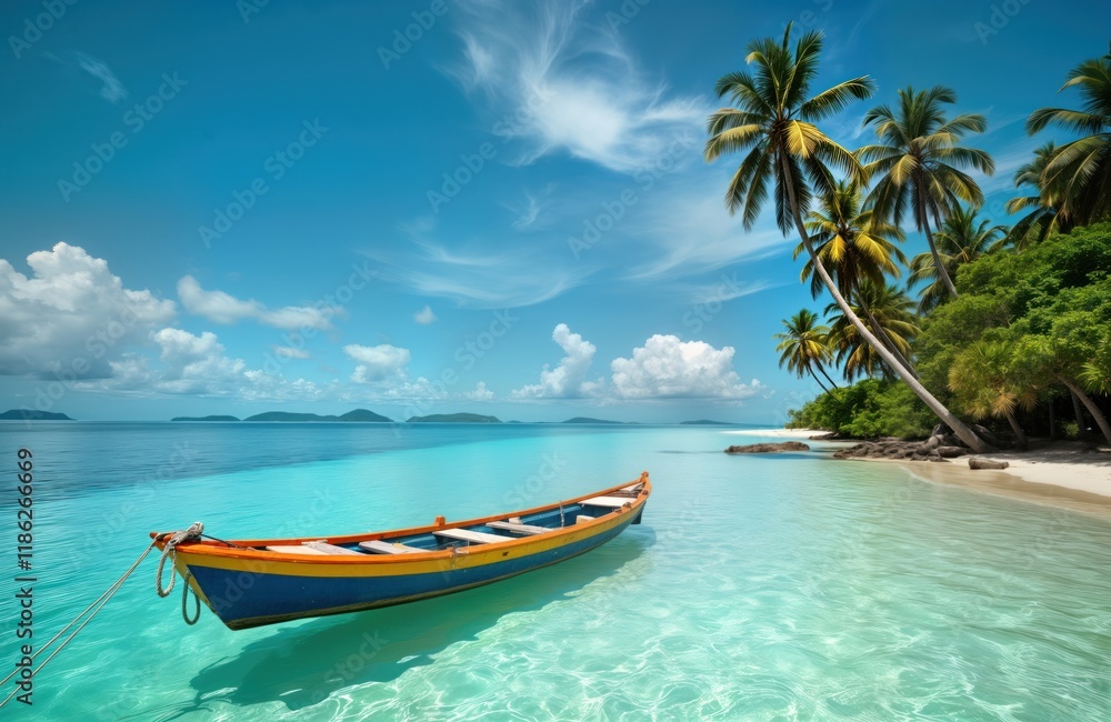 Tropical paradise with turquoise water, colorful boat. Calm sea with white sand beach, coconut palms. Peaceful scene. Vacation destination. Island paradise. Relaxation, serenity. Tranquil atmosphere. Tropical paradise with turquoise water, colorful boat. Calm sea with white sand beach, coconut palms. Peaceful scene. Vacation destination. Island paradise. Relaxation, serenity. Tranquil atmosphere.