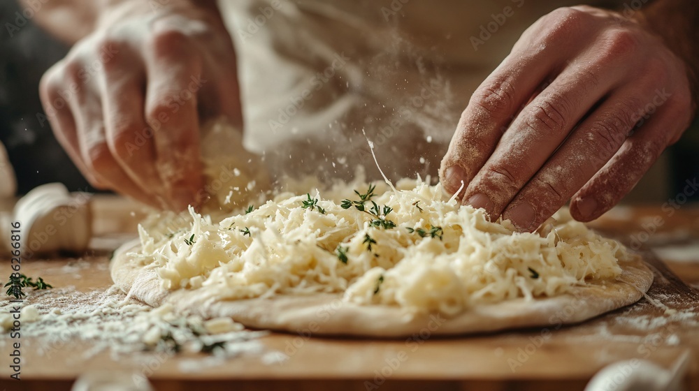 hands sprinkling parmesan on pizza dough at wooden table, symbolizing the traditional artistry concept hands sprinkling parmesan on pizza dough at wooden table, symbolizing the traditional artistry concept