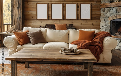Cozy cabin living room, autumn decor, fireplace background, home interior design