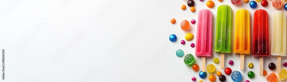 Rainbow-colored popsicles aligned on a white surface sprinkled with colorful candy a fun and fresh summer-inspired flat lay design Rainbow-colored popsicles aligned on a white surface sprinkled with colorful candy a fun and fresh summer-inspired flat lay design