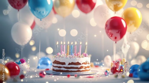 A whimsical birthday-themed scene featuring balloons cake and sparkling decorations