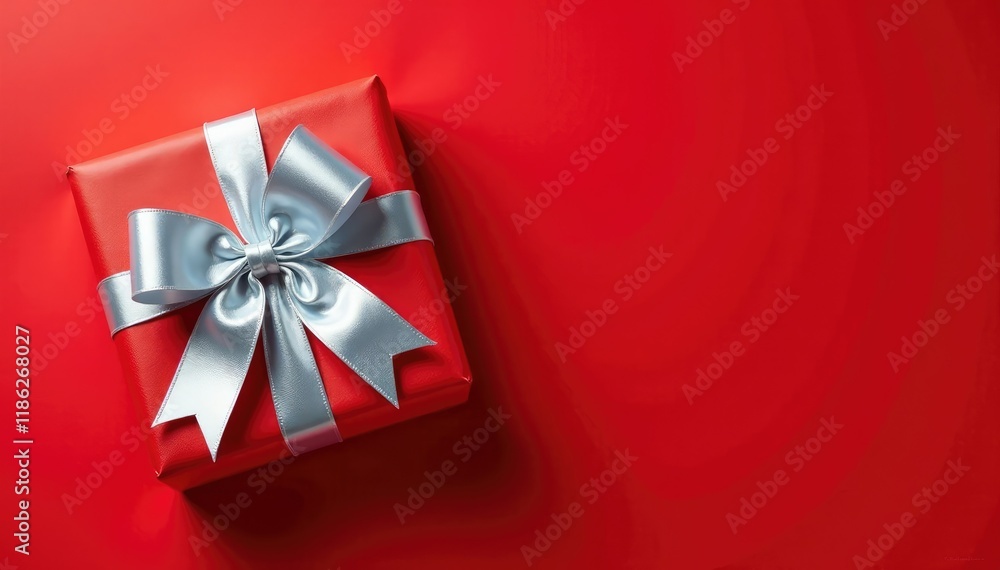 Wrapped Christmas gift on red background with a shiny silver bow, metallic ribbon, holiday crafts Wrapped Christmas gift on red background with a shiny silver bow, metallic ribbon, holiday crafts
