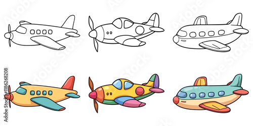 Airplane Line Art Vector Illustration Black and White with Coloring Sample. Bold and Easy Aircraft Coloring Pages for Adults and Kids. 