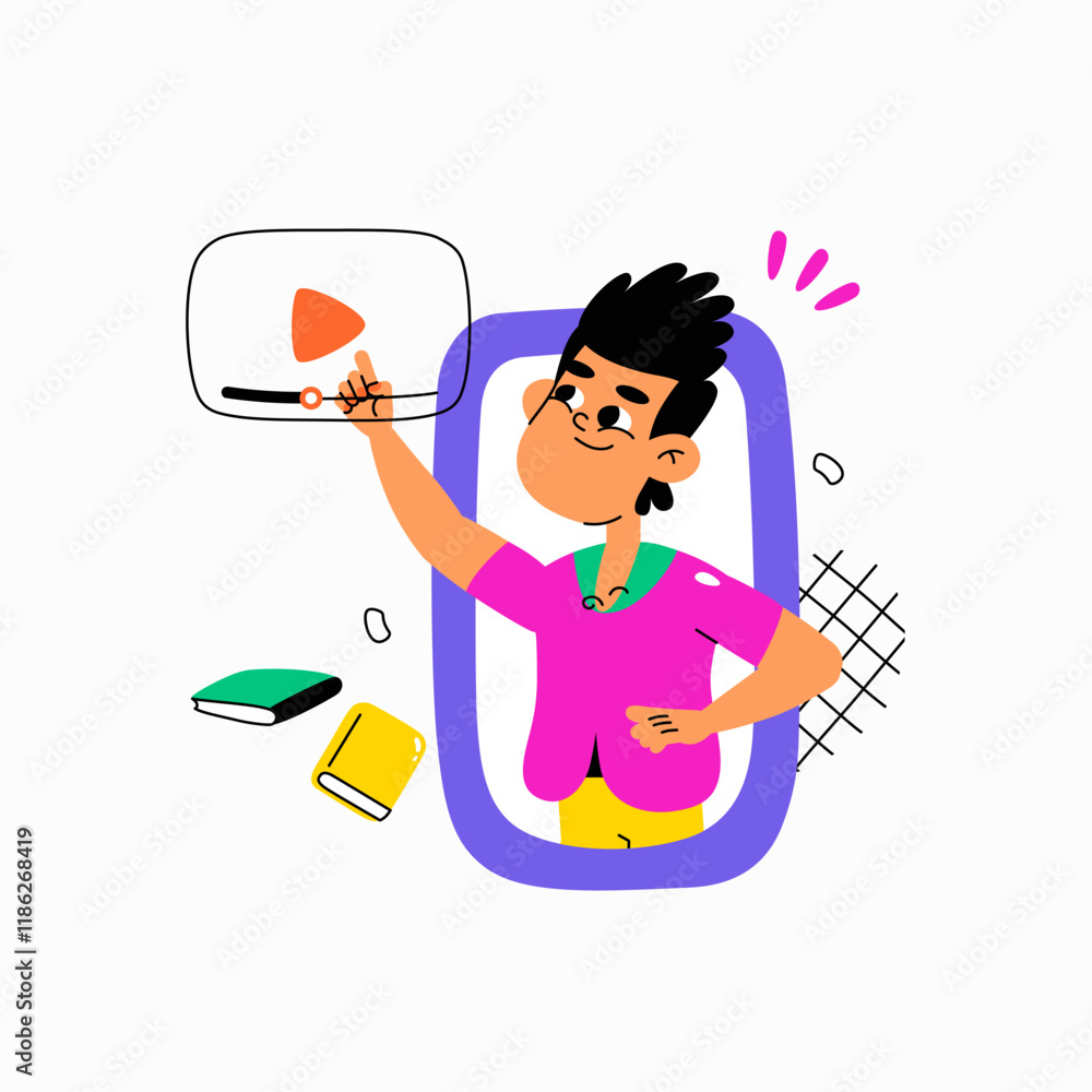 Male student interacting with educational video platform in flat vector illustration symbolizing online learning and knowledge sharing, isolated on white background Male student interacting with educational video platform in flat vector illustration symbolizing online learning and knowledge sharing, isolated on white background