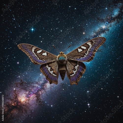 A moth with iridescent wings soaring through a galaxy of stars. photo