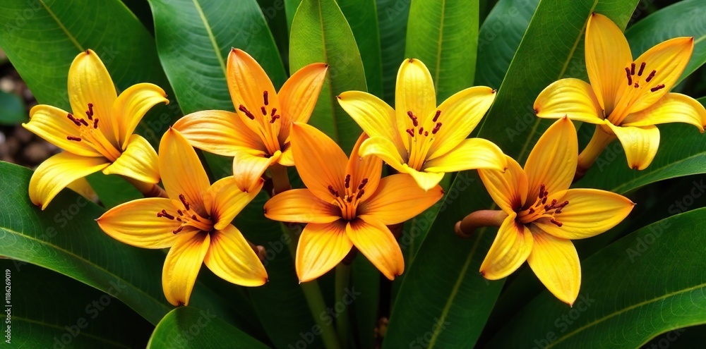 Unique arrangement of banana flowers in shades of orange and yellow against lush green leaves, yellow, greenery, unique Unique arrangement of banana flowers in shades of orange and yellow against lush green leaves, yellow, greenery, unique