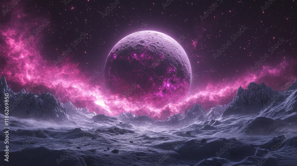 Fototapeta premium 3D Illustration - Pink Planet, Mountains, and Nebula