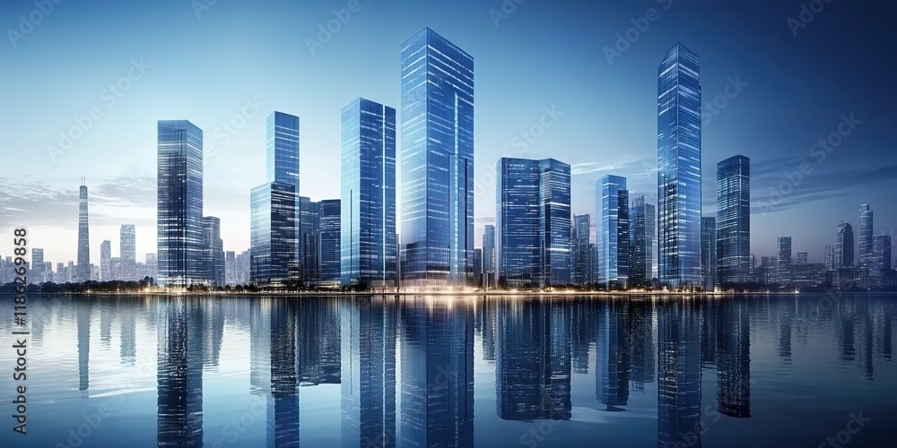 A sleek and modern cityscape with towering skyscrapers reflecting in the water, representing urban development and technological innovation. A sleek and modern cityscape with towering skyscrapers reflecting in the water, representing urban development and technological innovation.