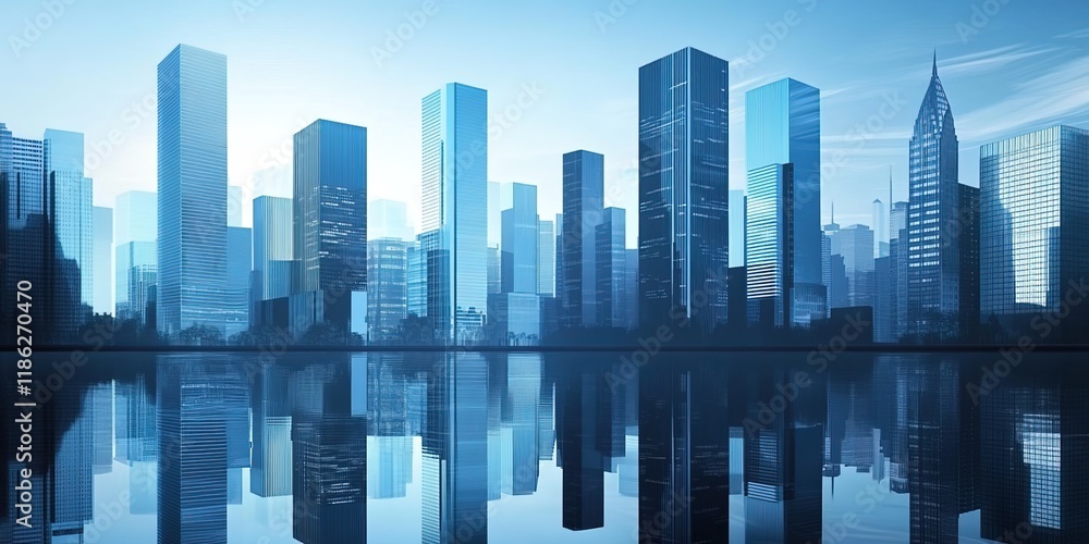 Fototapeta premium A sleek and modern cityscape with towering skyscrapers reflecting in the water, representing urban development and technological innovation.