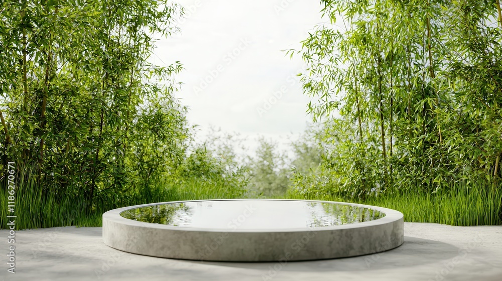 Zen gardens enhance meditation with tranquil water features. Natural setting with a circular platform and reflective water surface. Zen gardens enhance meditation with tranquil water features. Natural setting with a circular platform and reflective water surface.