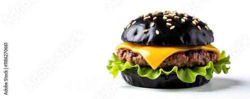 Single isolated mini black burger with cheese on white background, background, cheese, isolated photo