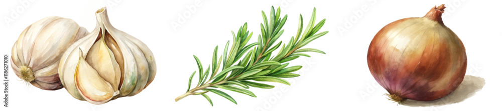Fototapeta premium Fresh garlic bulbs, aromatic rosemary sprig, vibrant onion, culinary ingredients, natural colors, food illustration, healthy cooking.