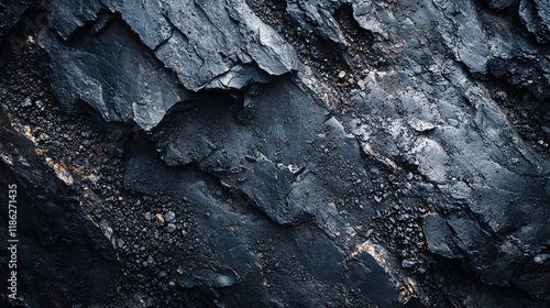 coal rocks in close-up, highlighting the textured surface and internal structure of coal material, revealing the geology and solid fuel properties