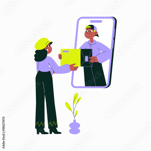 Delivery Worker Handing Box To Customer In Flat Vector Illustration Symbolizing Online Shopping, E Commerce, And Package Delivery, Isolated On White Background