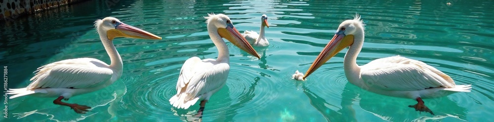 Pelicanos en el muelle, con peces frescos en la mano, aves acu?ticas, pelicanos Pelicanos en el muelle, con peces frescos en la mano, aves acu?ticas, pelicanos