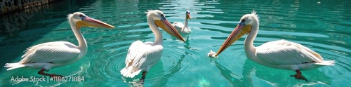 Pelicanos en el muelle, con peces frescos en la mano, aves acu?ticas, pelicanos photo