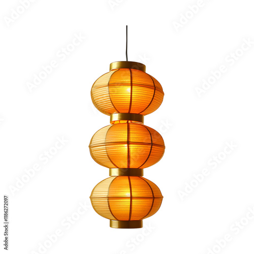 Layered Gold Lanterns with Orange Paper Lanterns Hanging from Ceiling Isolated on Transparent Background