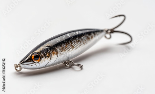 This realistic fishing lure showcases intricate details with shimmering silver and black coloring. The design mimics a fish, attracting various species for effective fishing opportunities photo