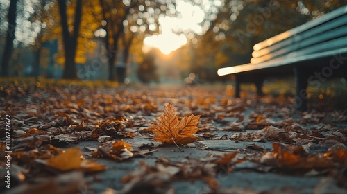 Side-angle view of fallen leaves scattered on a park pathway in soft afternoon sunlight. Green trees and benches in the blurred background create a serene autumnal atmosphere with ample copyspace. photo