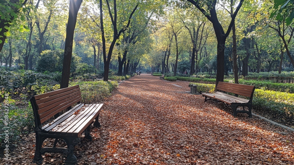 Side-angle view of fallen leaves scattered on a park pathway in soft afternoon sunlight. Green trees and benches in the blurred background create a serene autumnal atmosphere with ample copyspace.