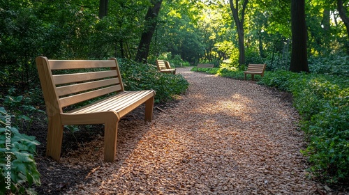 Side-angle view of fallen leaves scattered on a park pathway in soft afternoon sunlight. Green trees and benches in the blurred background create a serene autumnal atmosphere with ample copyspace. photo