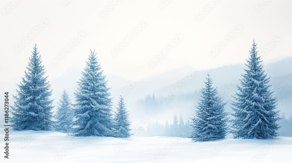 Fototapeta premium Winter landscape with snow-covered evergreen trees in a serene mountain setting