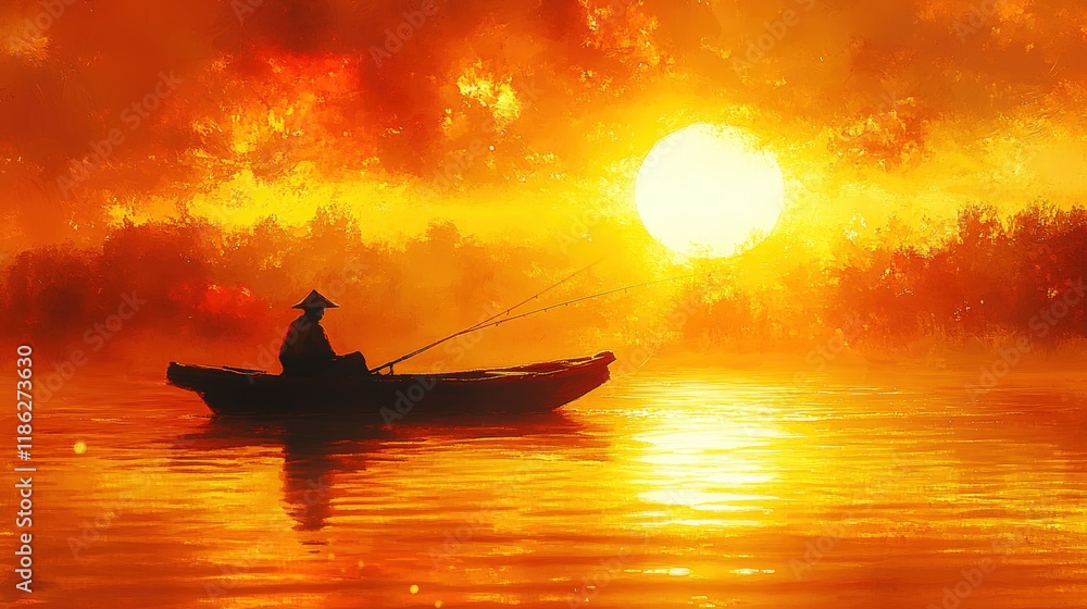 Obraz premium Silhouetted fisherman in boat, fiery sunset.