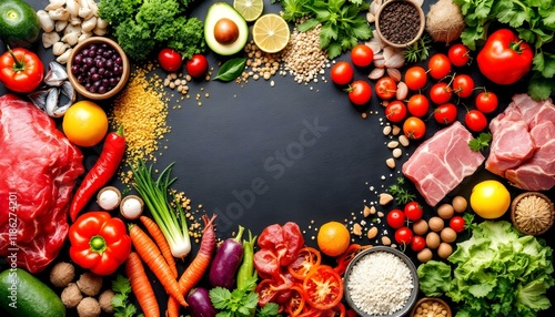 A vibrant food composition with fresh fruits, vegetables, meats, seafood, grains, and herbs arranged around a dark slate background.