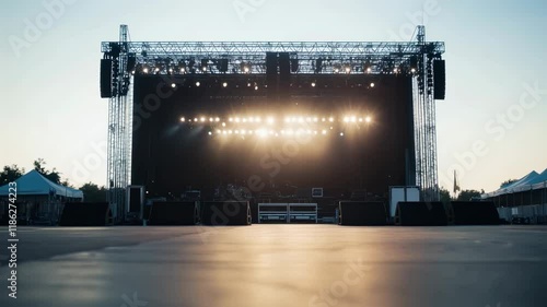 Outdoor Concert Stage Illuminated by Bright Lights at Sunset Vibrant Performance Event Filled with Anticipation and Music Sound.