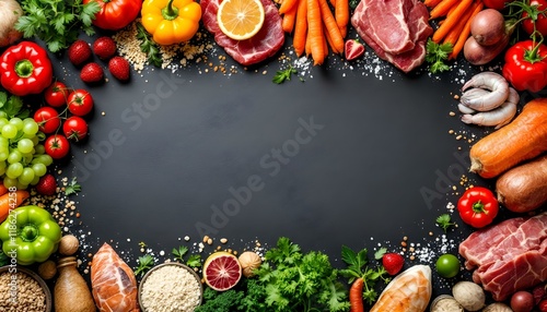 Fototapeta Naklejka Na Ścianę i Meble -  A vibrant food composition with fresh fruits, vegetables, meats, seafood, grains, and herbs arranged around a dark slate background.