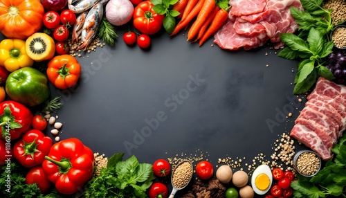 Fototapeta Naklejka Na Ścianę i Meble -  A vibrant food composition with fresh fruits, vegetables, meats, seafood, grains, and herbs arranged around a dark slate background.