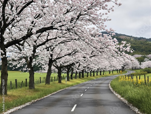Wallpaper Mural Serene Spring Drive: Cherry Blossom Tunnel Road, Lush Green Fields Torontodigital.ca