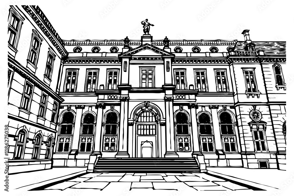 Black and white illustration. Architecture Line Art. Black and white illustration. Architecture Line Art.
