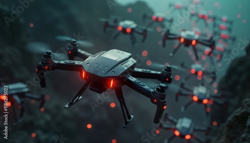 Swarm of combat drones in aerial attack. Advanced tech in military affairs. Drones fly in coordinated formation. Futuristic tech, strategic military operation. Lethal force, precise assault. Unmanned
