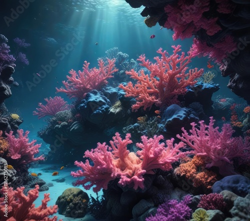 Wallpaper Mural A dramatic contrast of dark blues and bright pinks in a coral reef, tropical fish, contrasting hues, coral reef Torontodigital.ca