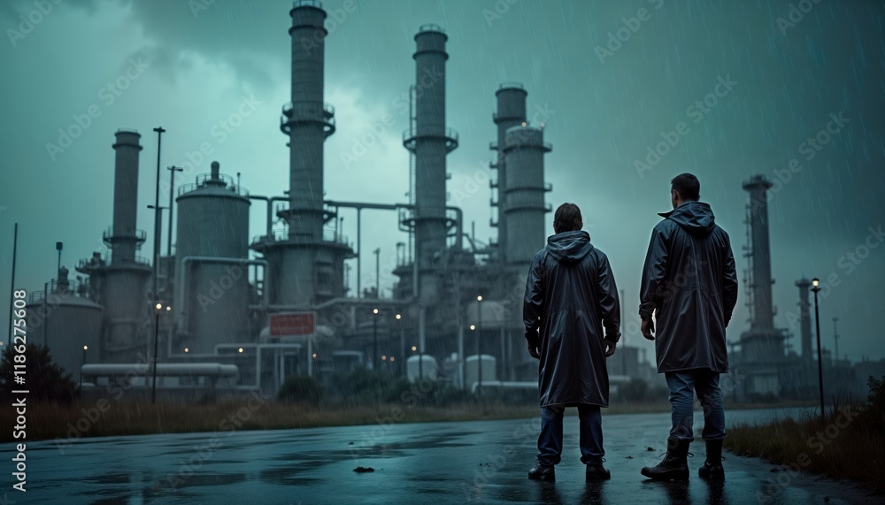 Two men stand outside an oil refinery during a rainy day. They wear waterproof jackets. Heavy rain falls. The industrial complex is in the background. The scene is likely in an urban area.