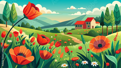 Countryside, flowers and red poppies in field for natural beauty, spring mockup and blossom. Nature, plant background and closeup of flower in grass for environment, ecosystem and flora in meadow